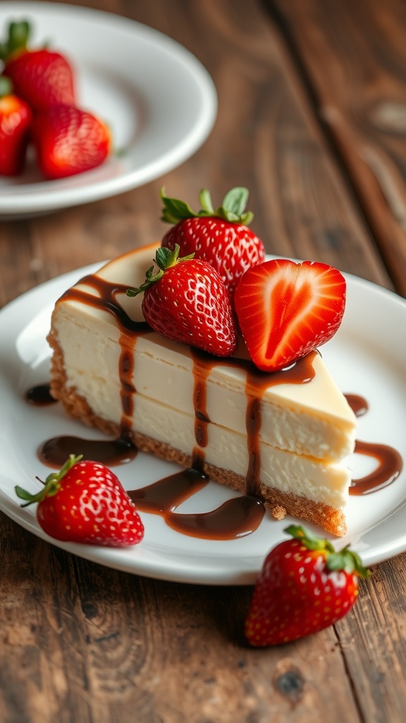 A slice of cheesecake with strawberries and chocolate sauce on a rustic wooden table.